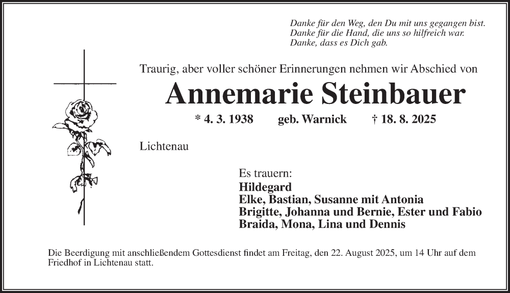  Traueranzeige für Annemarie Steinbauer vom 20.08.2025 aus Ansbach