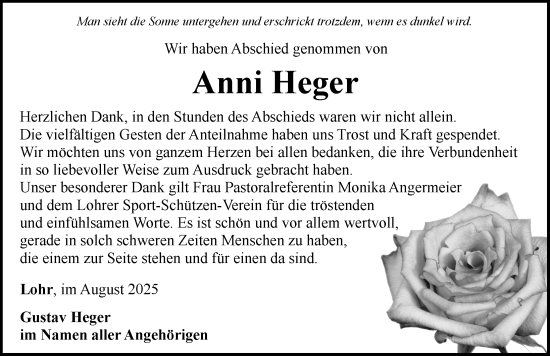 Traueranzeige von Anni Heger von Rothenburg