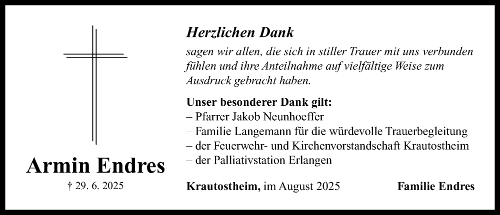  Traueranzeige für Armin Endres vom 02.08.2025 aus Neustadt/ Scheinfeld/ Uffenheim