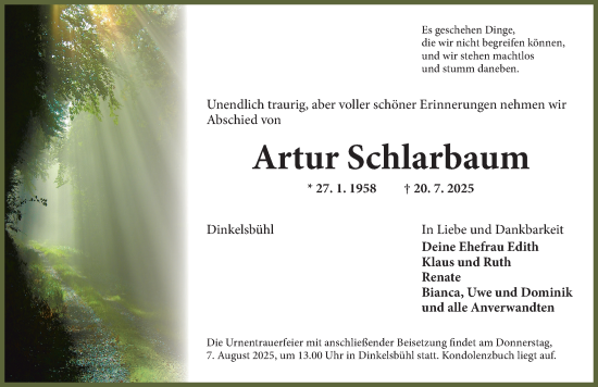 Traueranzeige von Artur Schlarbaum von Dinkelsbühl/ Feuchtwangen