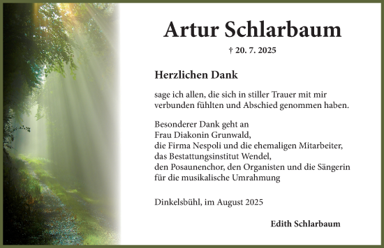 Traueranzeige von Artur Schlarbaum von Dinkelsbühl/ Feuchtwangen