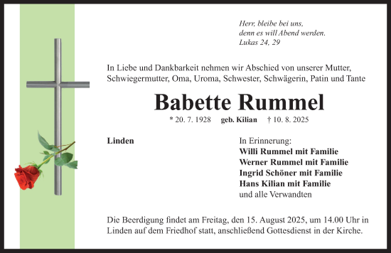 Traueranzeige von Babette Rummel von Neustadt/ Scheinfeld/ Uffenheim