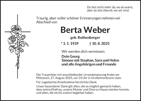 Traueranzeige von Berta Weber von Dinkelsbühl/ Feuchtwangen