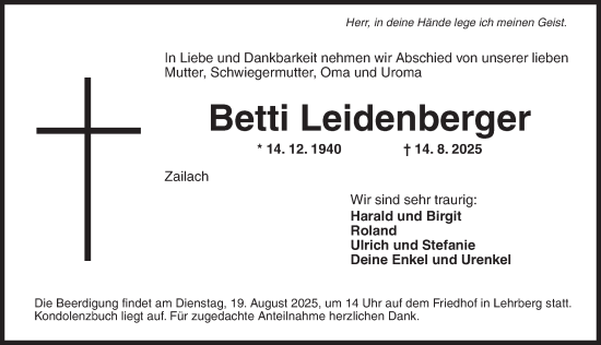 Traueranzeige von Betti Leidenberger von Ansbach