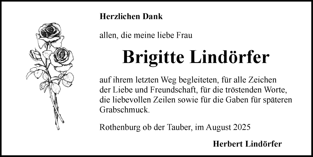  Traueranzeige für Brigitte Lindörfer vom 02.08.2025 aus Rothenburg