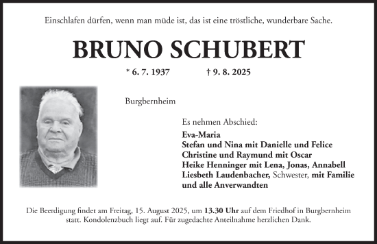 Traueranzeige von Bruno Schubert von Neustadt/ Scheinfeld/ Uffenheim