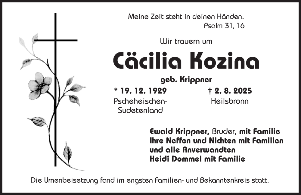 Traueranzeige für Cäcilia Kozina vom 27.08.2025 aus Ansbach