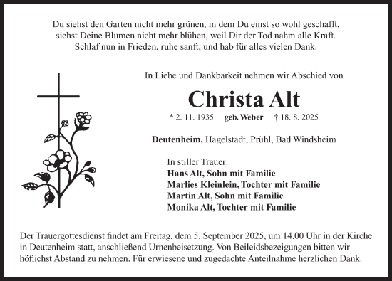 Traueranzeige von Christa Alt von Neustadt/ Scheinfeld/ Uffenheim