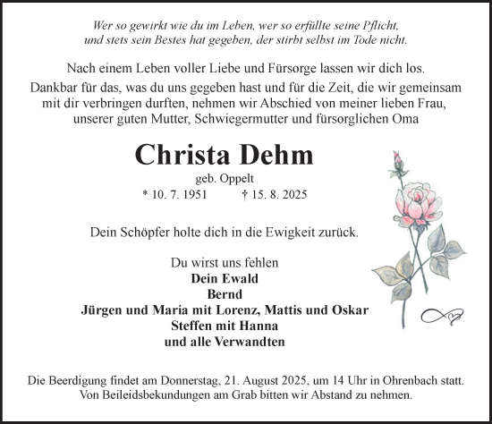Traueranzeige von Christa Dehm von Rothenburg