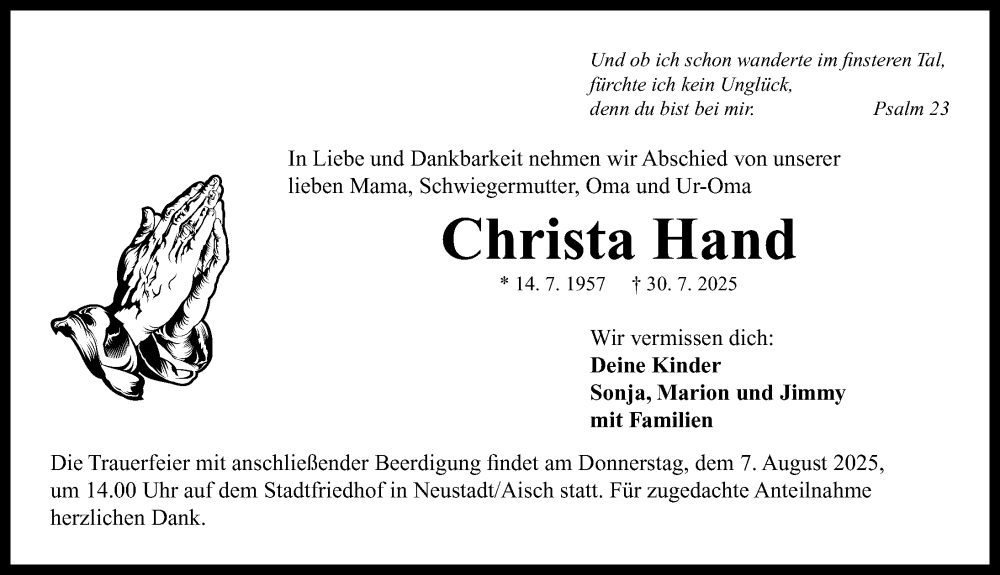  Traueranzeige für Christa Hand vom 02.08.2025 aus Neustadt/ Scheinfeld/ Uffenheim