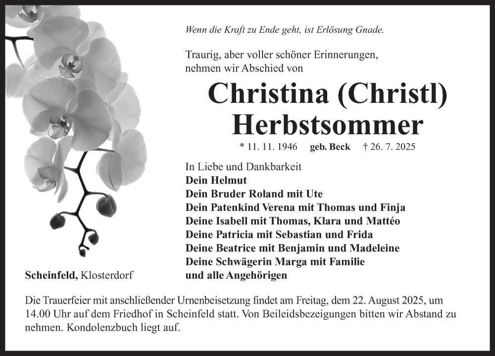  Traueranzeige für Christina Herbstsommer vom 20.08.2025 aus Neustadt/ Scheinfeld/ Uffenheim