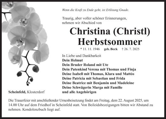 Traueranzeige von Christina Herbstsommer von Neustadt/ Scheinfeld/ Uffenheim