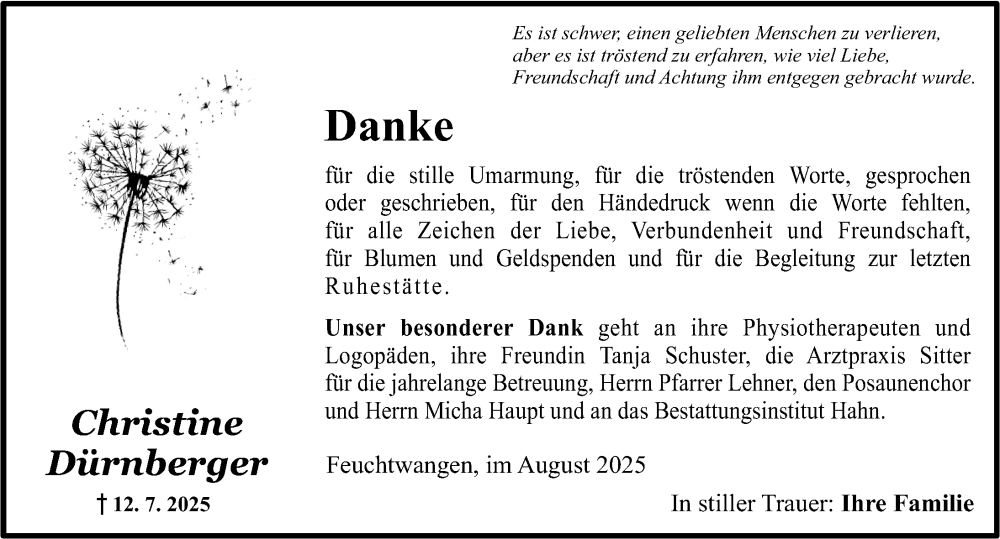  Traueranzeige für Christine Dürnberger vom 25.08.2025 aus Dinkelsbühl/ Feuchtwangen