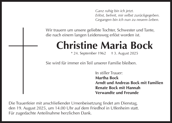 Traueranzeige von Christine Maria Bock von Neustadt/ Scheinfeld/ Uffenheim