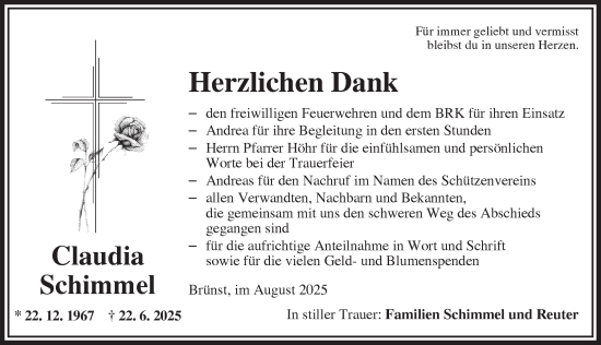 Traueranzeige von Claudia Schimmel von Ansbach