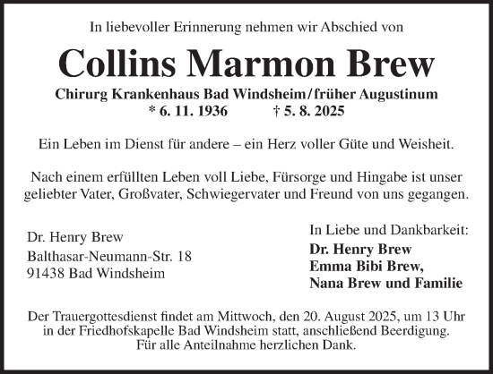 Traueranzeige von Collins  Brew von Neustadt/ Scheinfeld/ Uffenheim