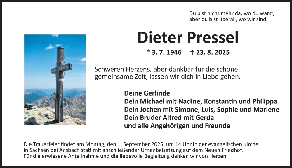  Traueranzeige für Dieter Pressel vom 29.08.2025 aus Ansbach