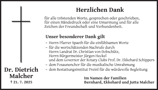 Traueranzeige von Dietrich Malcher von Neustadt/ Scheinfeld/ Uffenheim