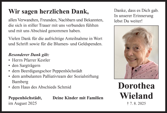 Traueranzeige von Dorothea Wieland von Neustadt/ Scheinfeld/ Uffenheim