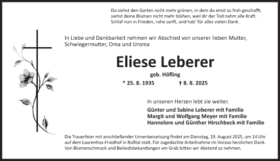 Traueranzeige von Eliese Leberer von Ansbach