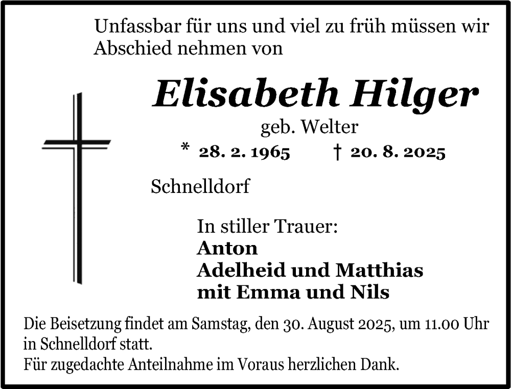  Traueranzeige für Elisabeth Hilger vom 28.08.2025 aus Dinkelsbühl/ Feuchtwangen