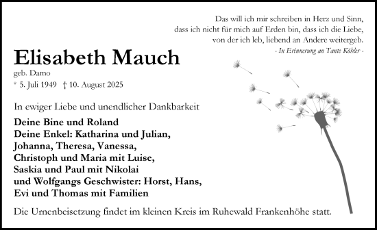 Traueranzeige von Elisabeth Mauch von Rothenburg