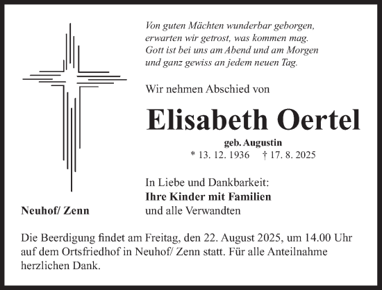 Traueranzeige von Elisabeth Oertel von Neustadt/ Scheinfeld/ Uffenheim