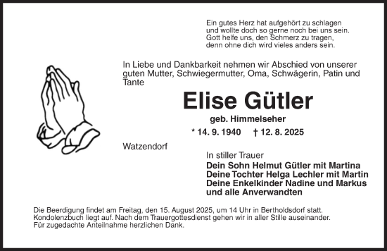 Traueranzeige von Elise Gütler von Ansbach