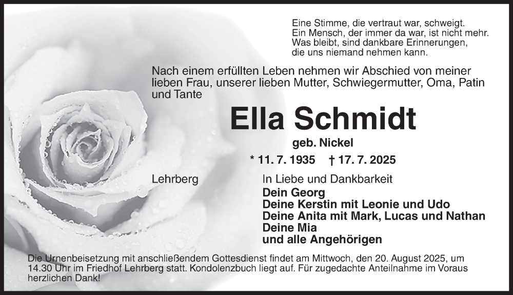  Traueranzeige für Ella Schmidt vom 16.08.2025 aus Ansbach