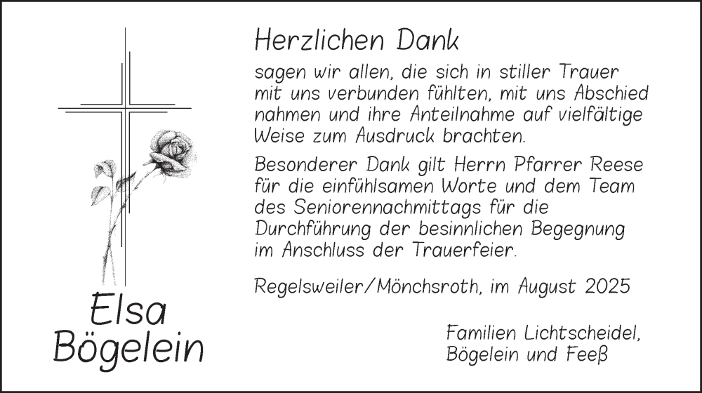  Traueranzeige für Elsa Bögelein vom 21.08.2025 aus Dinkelsbühl/ Feuchtwangen