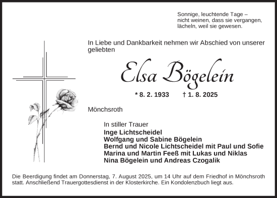 Traueranzeige von Elsa Bögelein von Dinkelsbühl/ Feuchtwangen