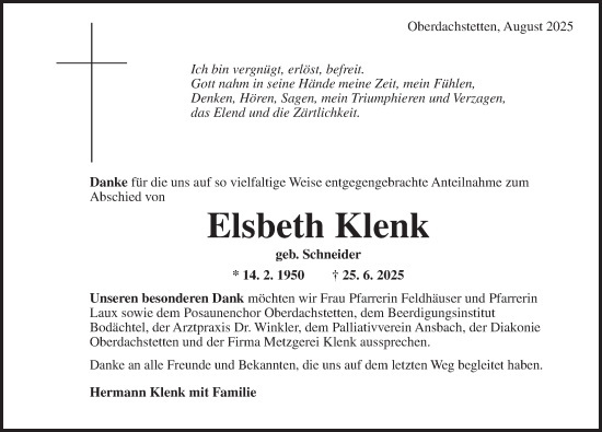 Traueranzeige von Elsbeth Klenk von GE