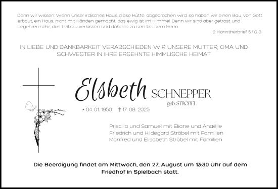 Traueranzeige von Elsbeth Schnepper von Rothenburg