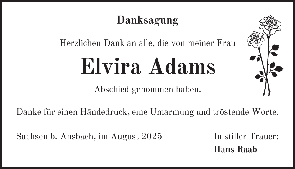  Traueranzeige für Elvira Adams vom 16.08.2025 aus Ansbach