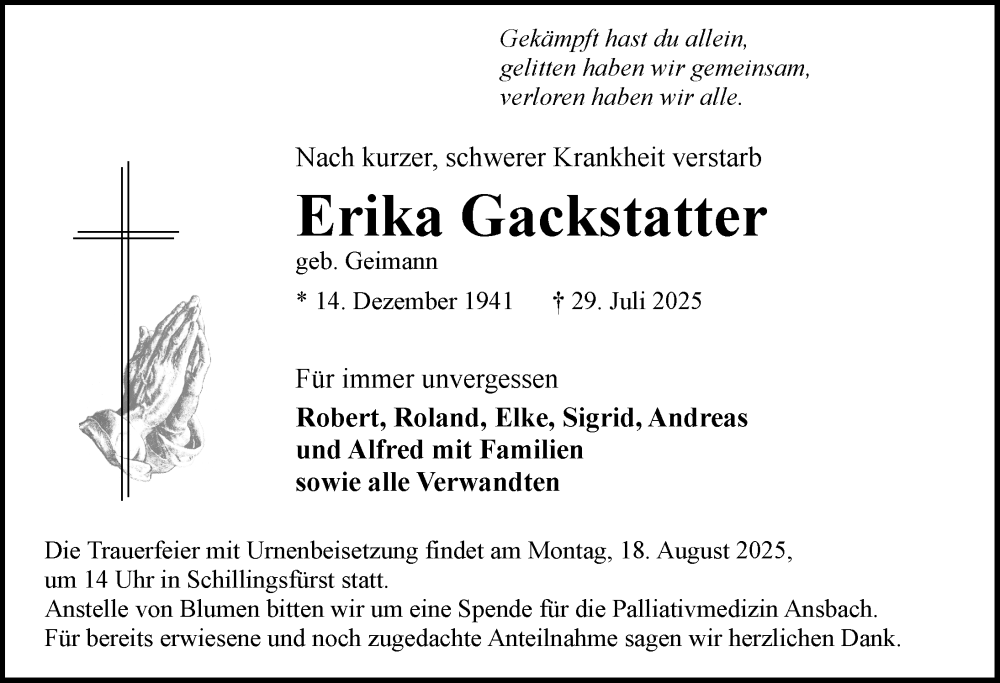  Traueranzeige für Erika Gackstatter vom 15.08.2025 aus Rothenburg