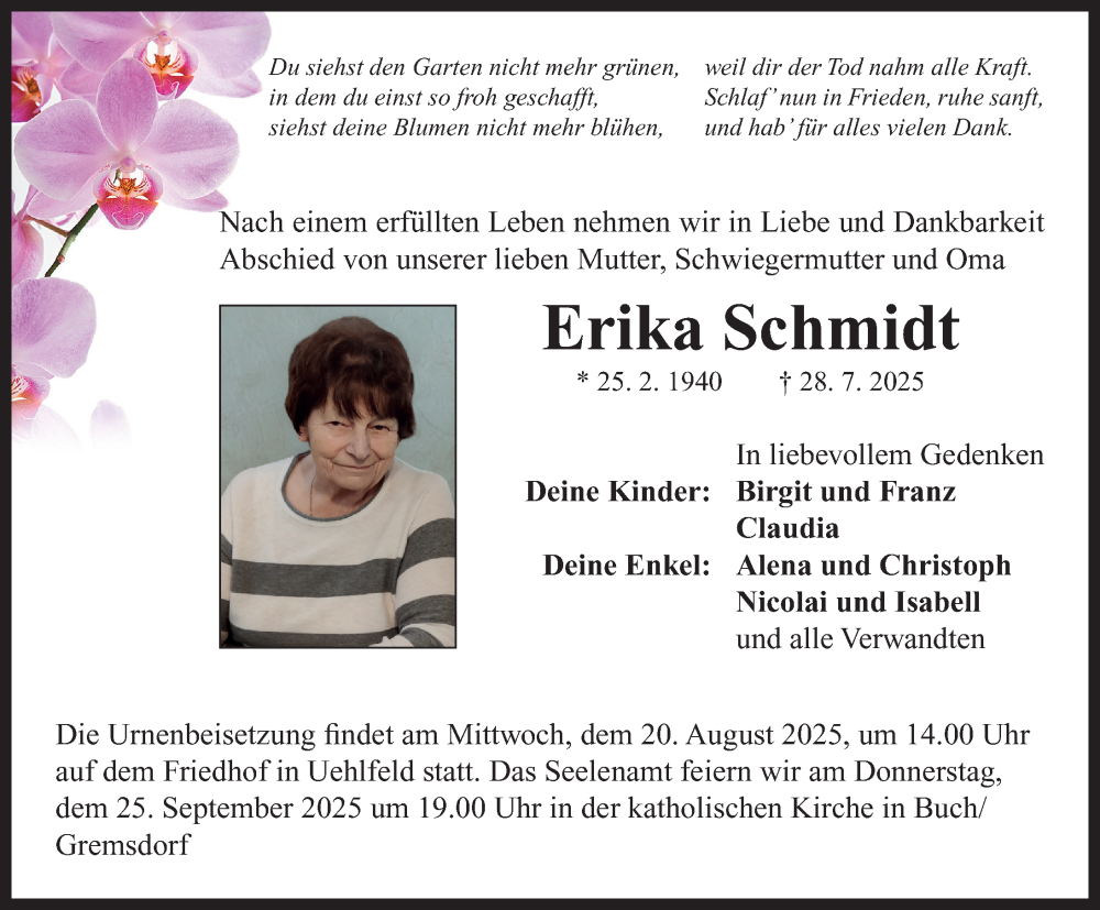  Traueranzeige für Erika Schmidt vom 16.08.2025 aus Neustadt/ Scheinfeld/ Uffenheim