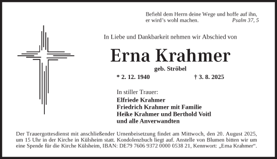 Traueranzeige von Erna Krahmer von Neustadt/ Scheinfeld/ Uffenheim
