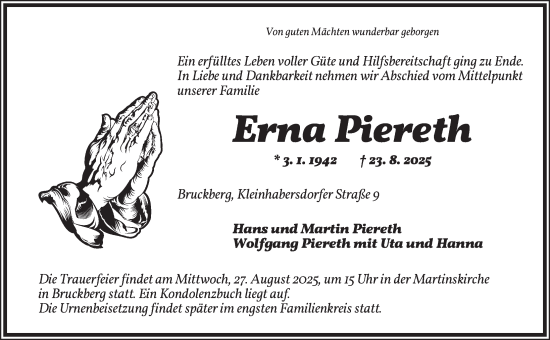 Traueranzeige von Erna Piereth von Ansbach