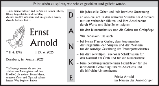 Traueranzeige von Ernst Arnold von Ansbach