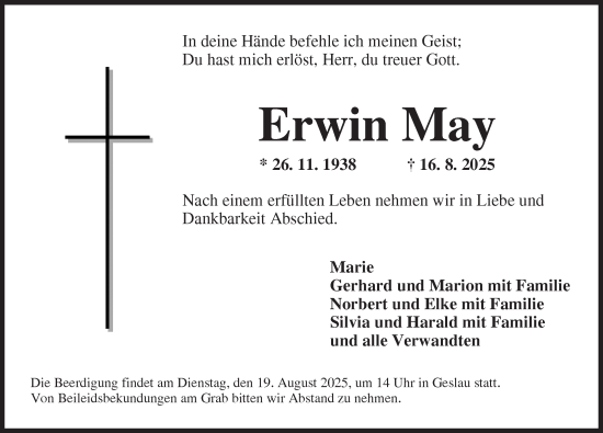 Traueranzeige von Erwin May von Rothenburg