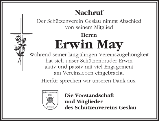 Traueranzeige von Erwin May von Rothenburg