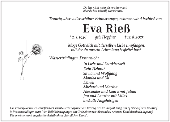 Traueranzeige von Eva Rieß von Dinkelsbühl/ Feuchtwangen
