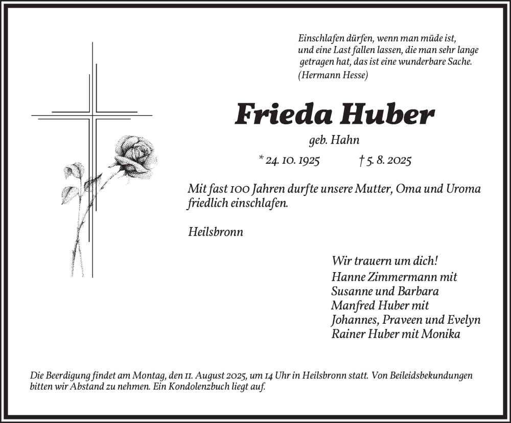  Traueranzeige für Frieda Huber vom 09.08.2025 aus Ansbach