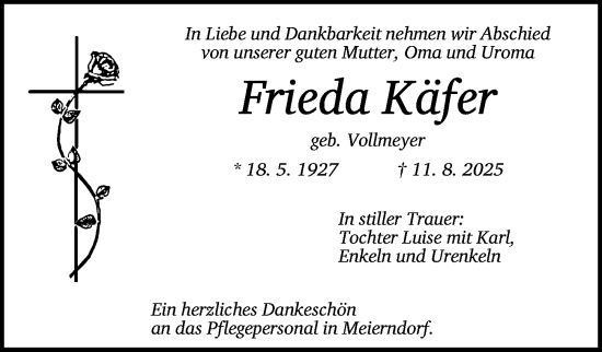 Traueranzeige von Frieda Käfer von Dinkelsbühl/ Feuchtwangen