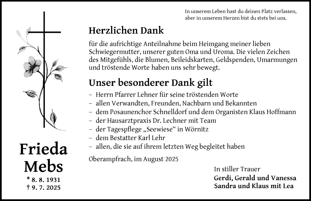  Traueranzeige für Frieda Mebs vom 02.08.2025 aus Dinkelsbühl/ Feuchtwangen