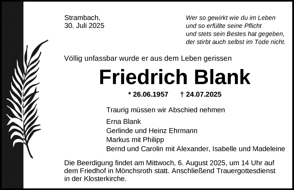  Traueranzeige für Friedrich Blank vom 02.08.2025 aus Dinkelsbühl/ Feuchtwangen