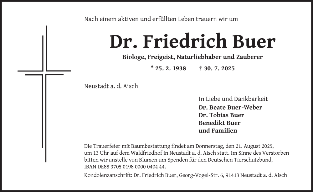  Traueranzeige für Friedrich Buer vom 14.08.2025 aus GE