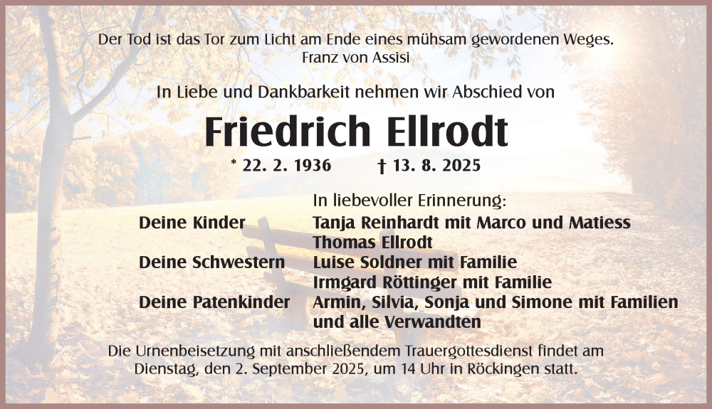  Traueranzeige für Friedrich Ellrodt vom 28.08.2025 aus Dinkelsbühl/ Feuchtwangen