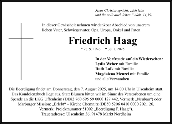 Traueranzeige von Friedrich Haag von Neustadt/ Scheinfeld/ Uffenheim