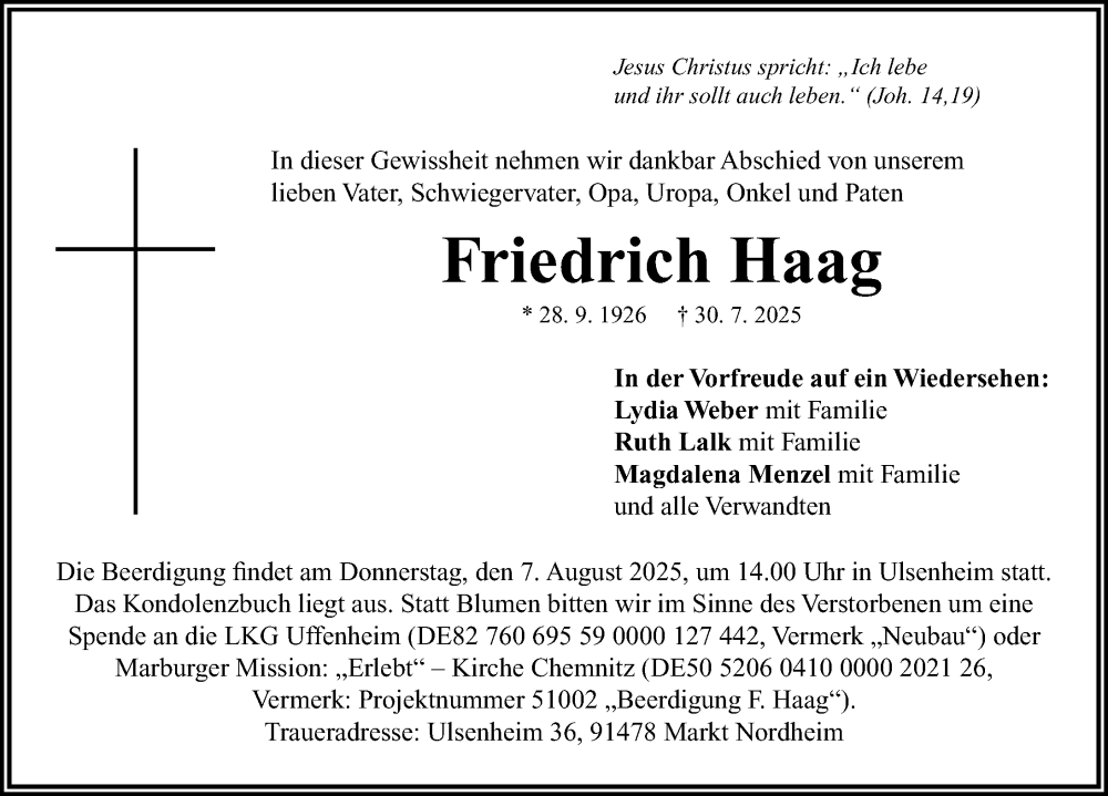  Traueranzeige für Friedrich Haag vom 04.08.2025 aus Neustadt/ Scheinfeld/ Uffenheim